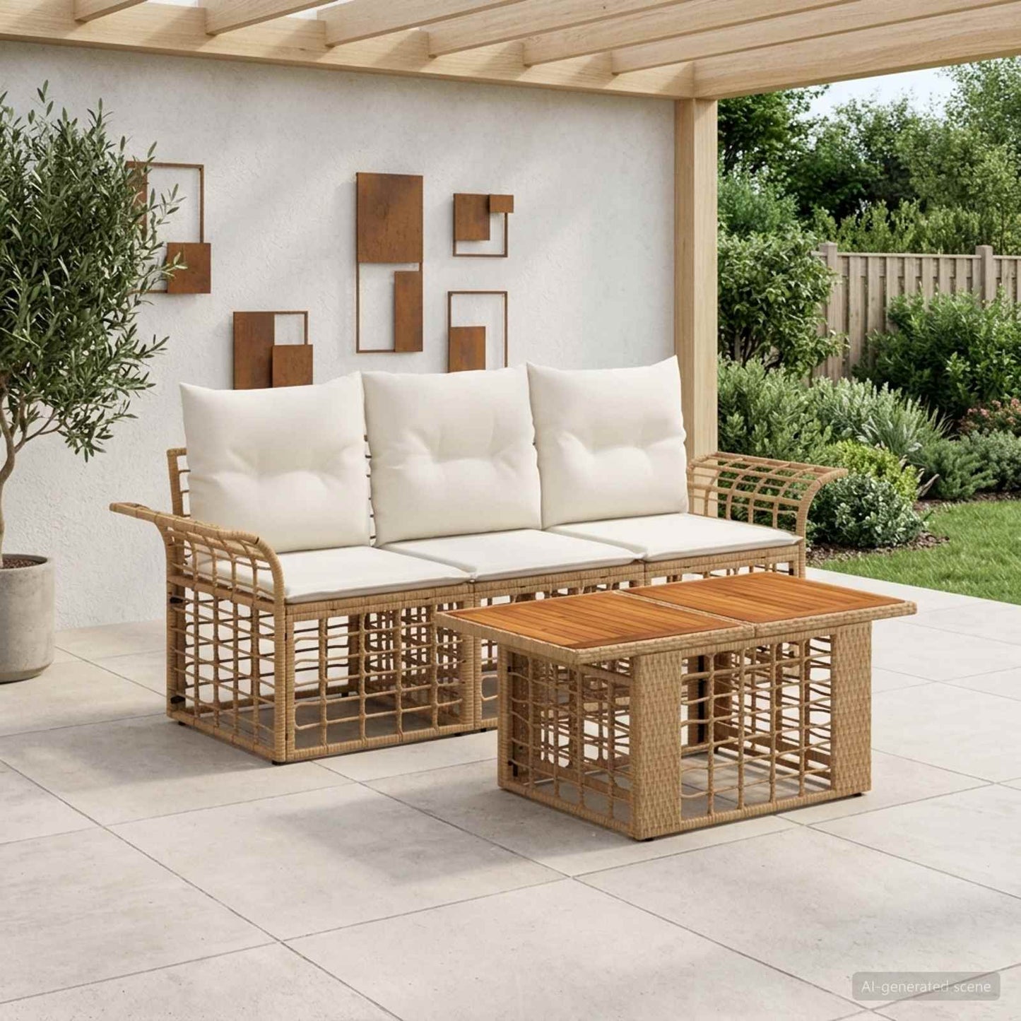 Gartensofa-set 4 stk. Natürlich und Cremweiß Poly-Rattan