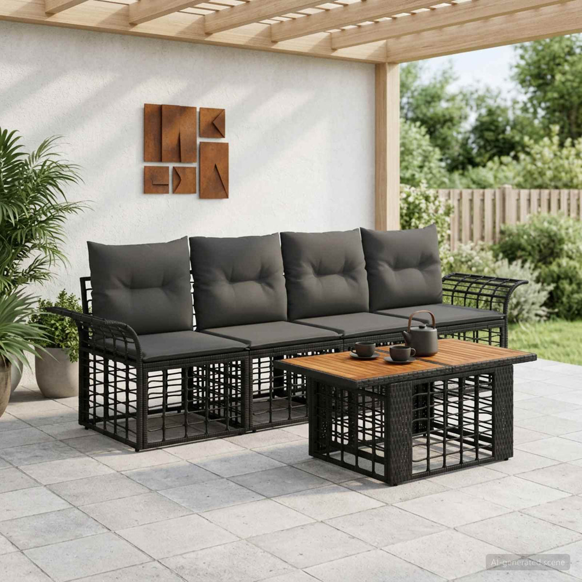 Gartensofa-set 5 stk. Schwarz und Dunkelgrau Poly-Rattan
