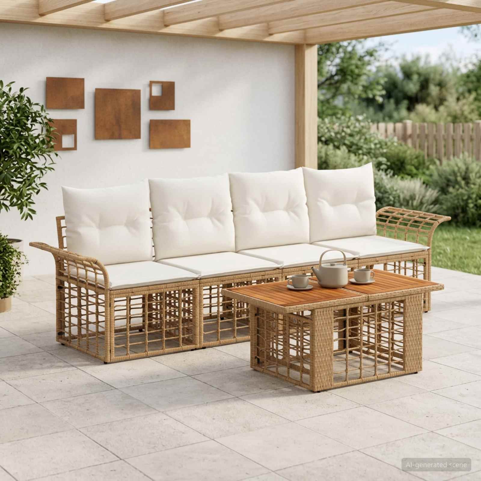 Gartensofa-set 5 stk. Natürlich und Cremweiß Poly-Rattan