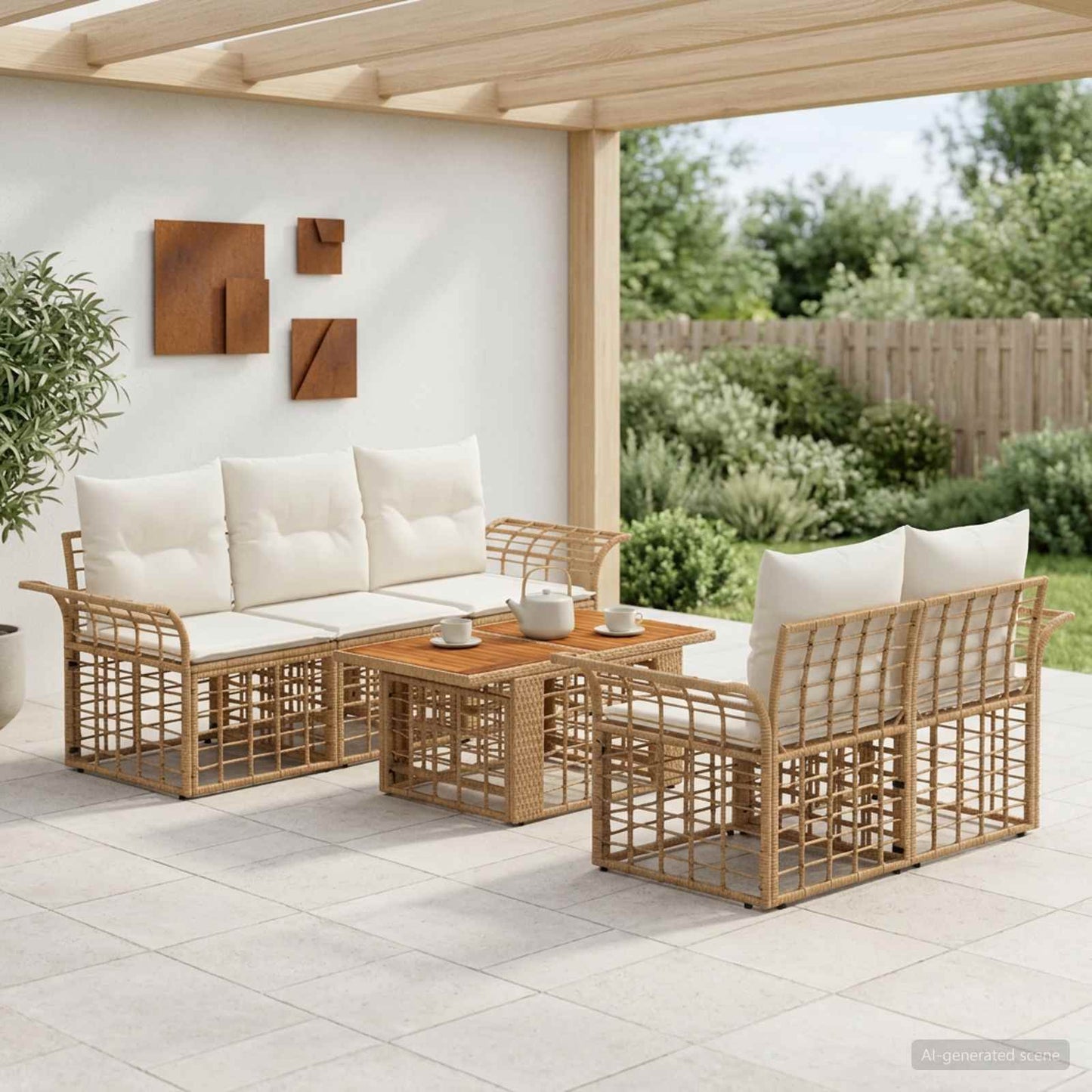 Gartensofa-set 6 stk. Natürlich und Cremweiß Poly-Rattan