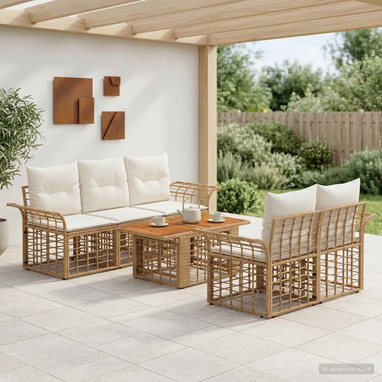 Gartensofa-set 6 stk. Natürlich und Cremweiß Poly-Rattan