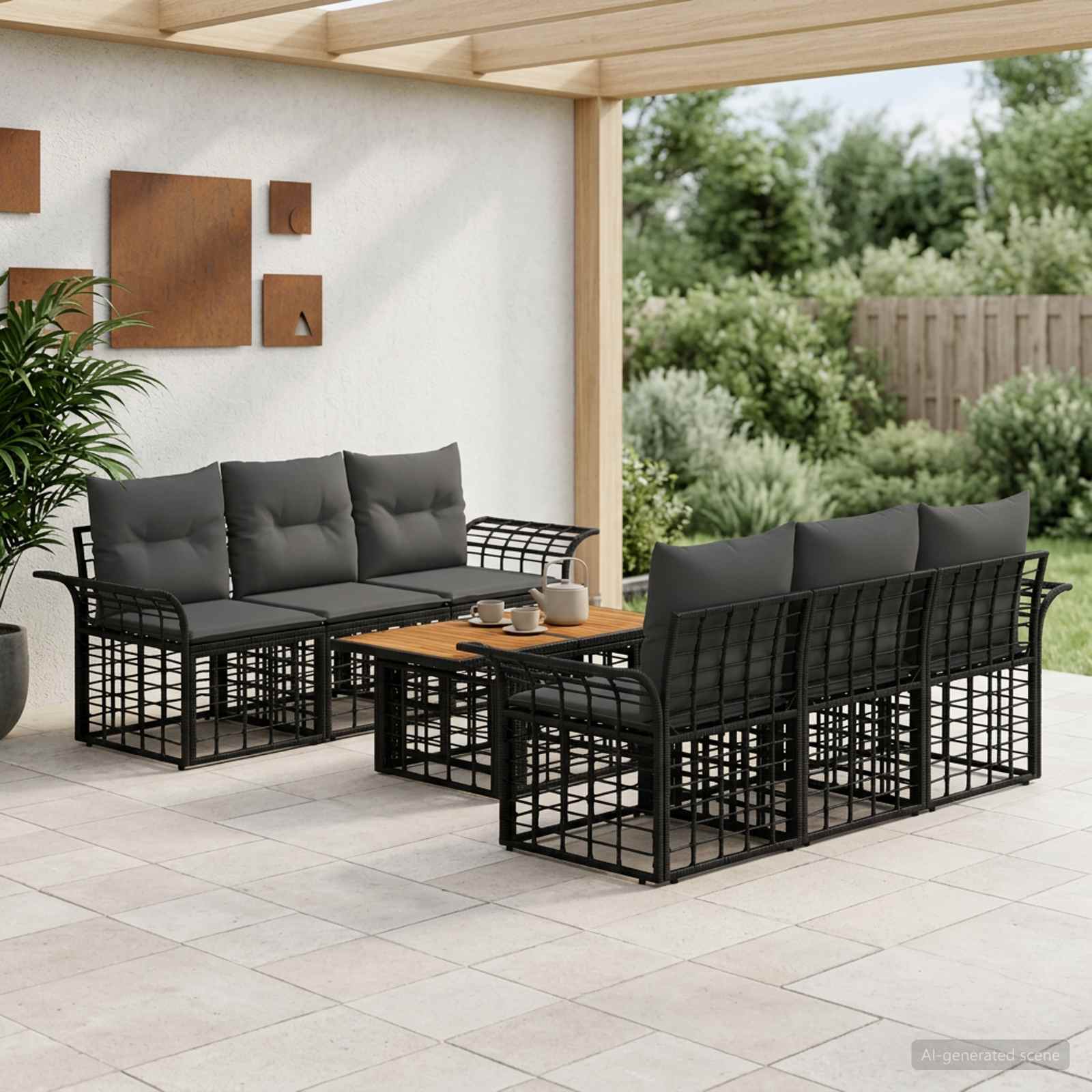 Gartensofa-set 7 stk. Schwarz und Dunkelgrau Poly-Rattan
