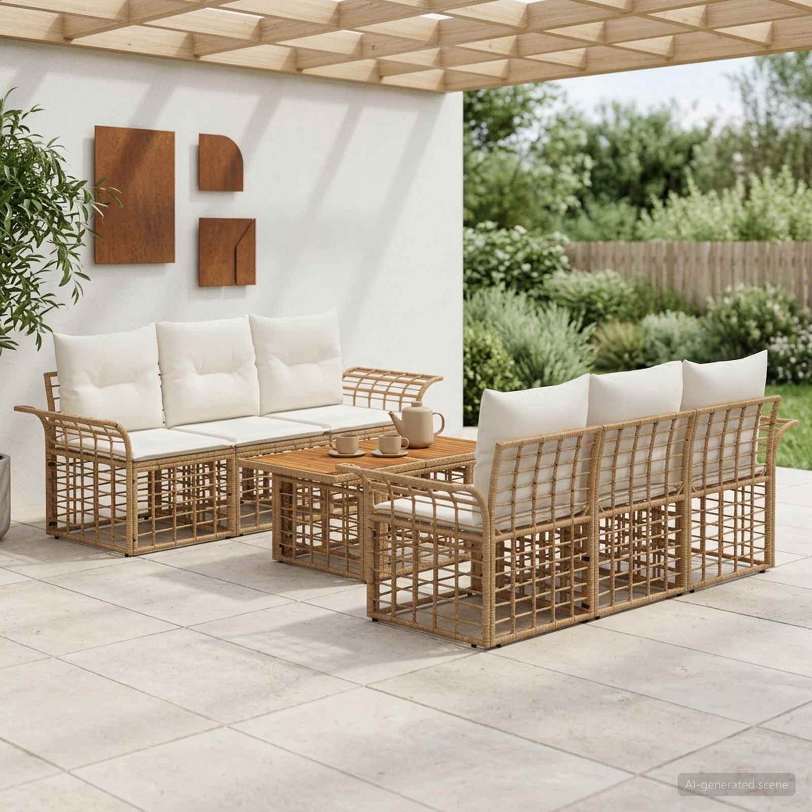 Gartensofa-set 7 stk. Natürlich und Cremweiß Poly-Rattan