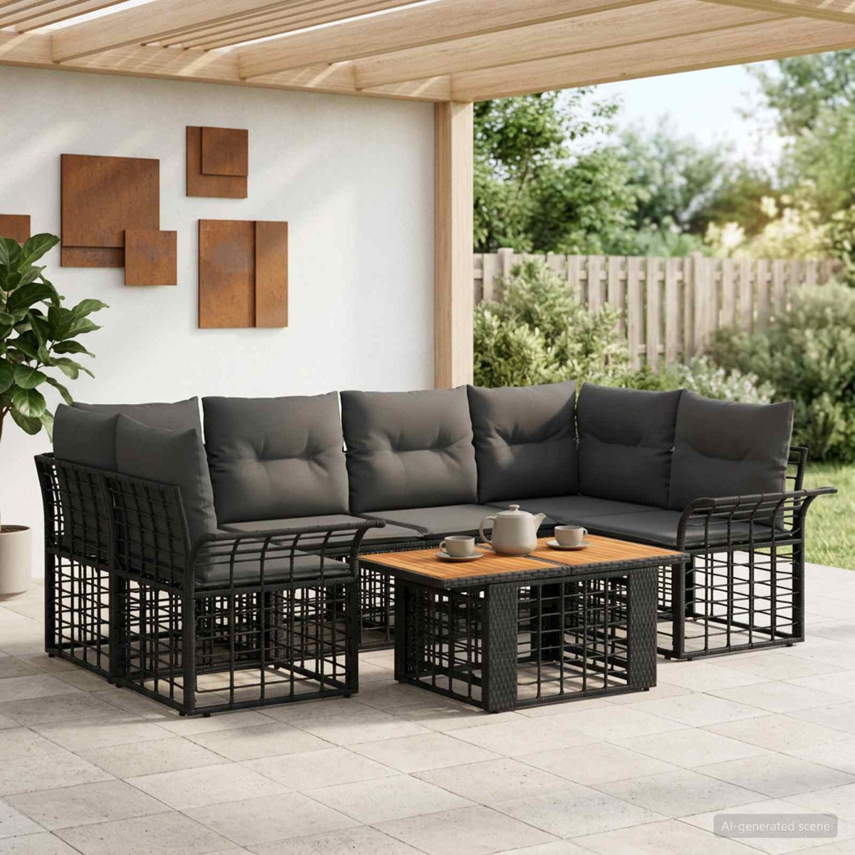 Gartensofa-set 7 stk. Schwarz und Dunkelgrau Poly-Rattan