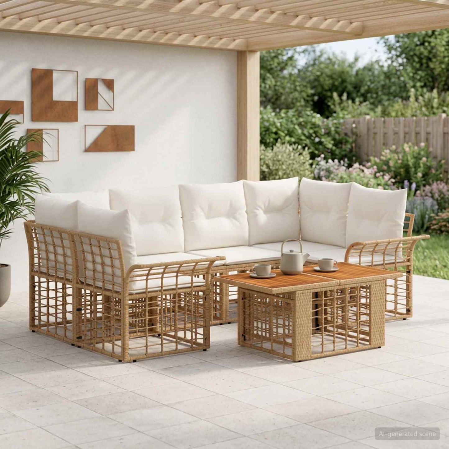 Gartensofa-set 7 stk. Natürlich und Cremweiß Poly-Rattan
