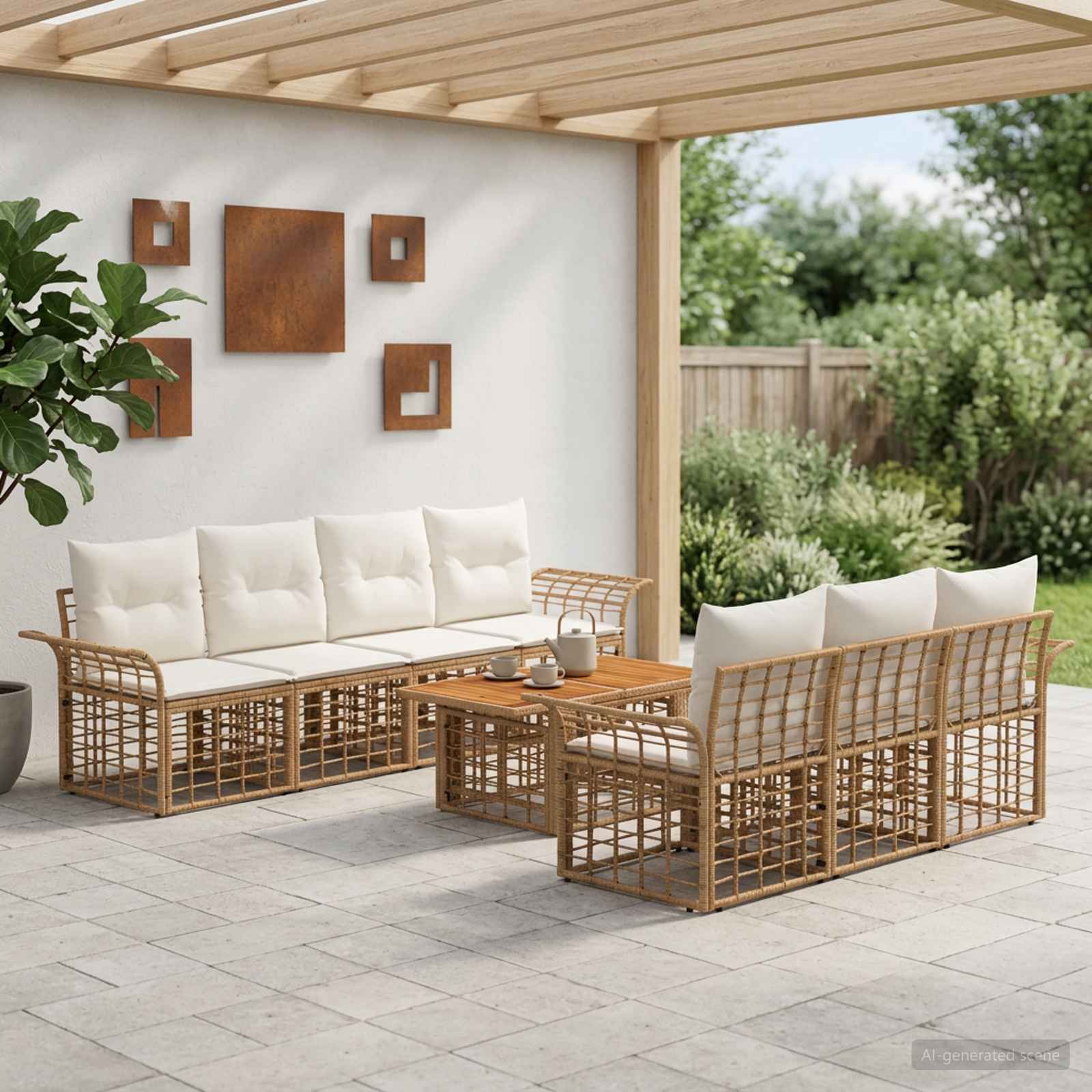 Gartensofa-set 8 stk. Natürlich und Cremweiß Poly-Rattan