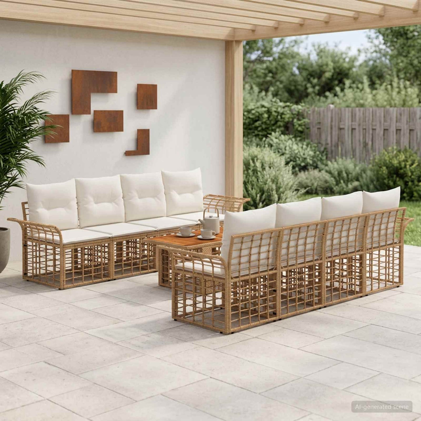 Gartensofa-set 9 stk. Natürlich und Cremweiß Poly-Rattan