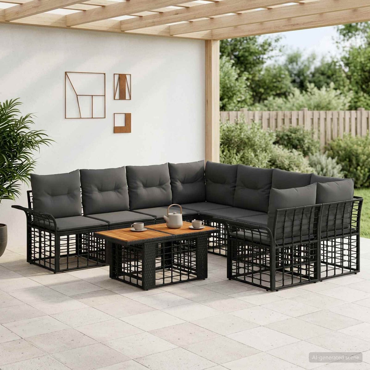 Gartensofa-set 9 stk. Schwarz und Dunkelgrau Poly-Rattan
