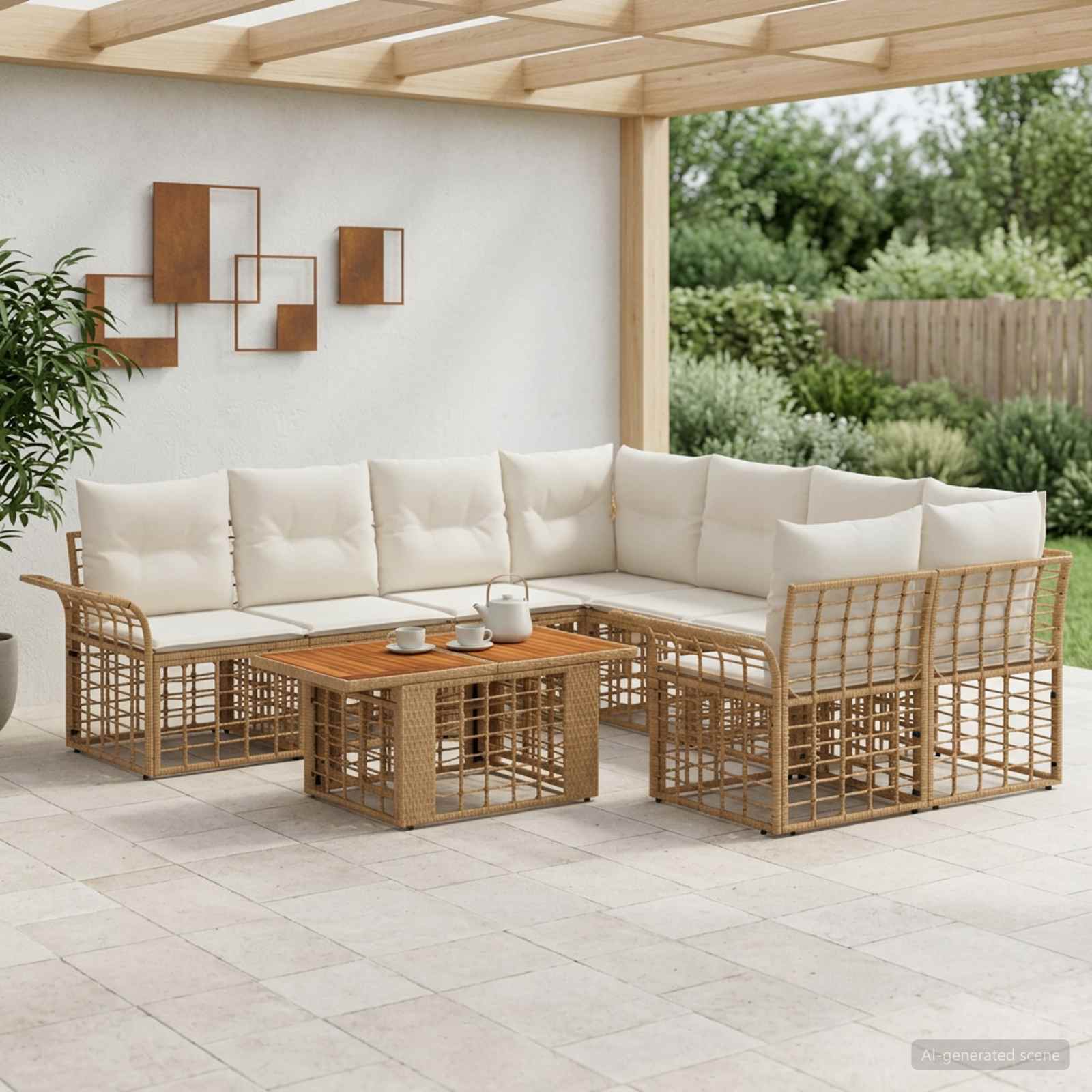 Gartensofa-set 9 stk. Natürlich und Cremweiß Poly-Rattan