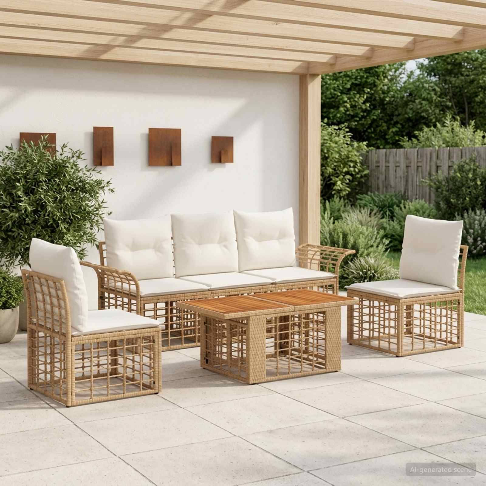 Gartensofa-set 6 stk. Natürlich und Cremweiß Poly-Rattan