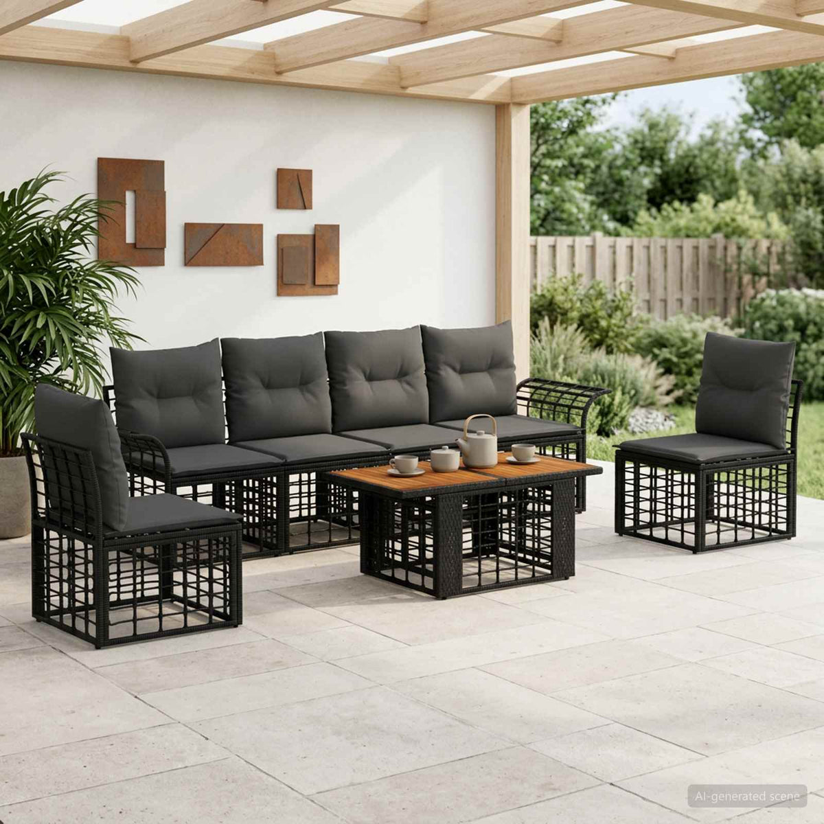 Gartensofa-set 7 stk. Schwarz und Dunkelgrau Poly-Rattan