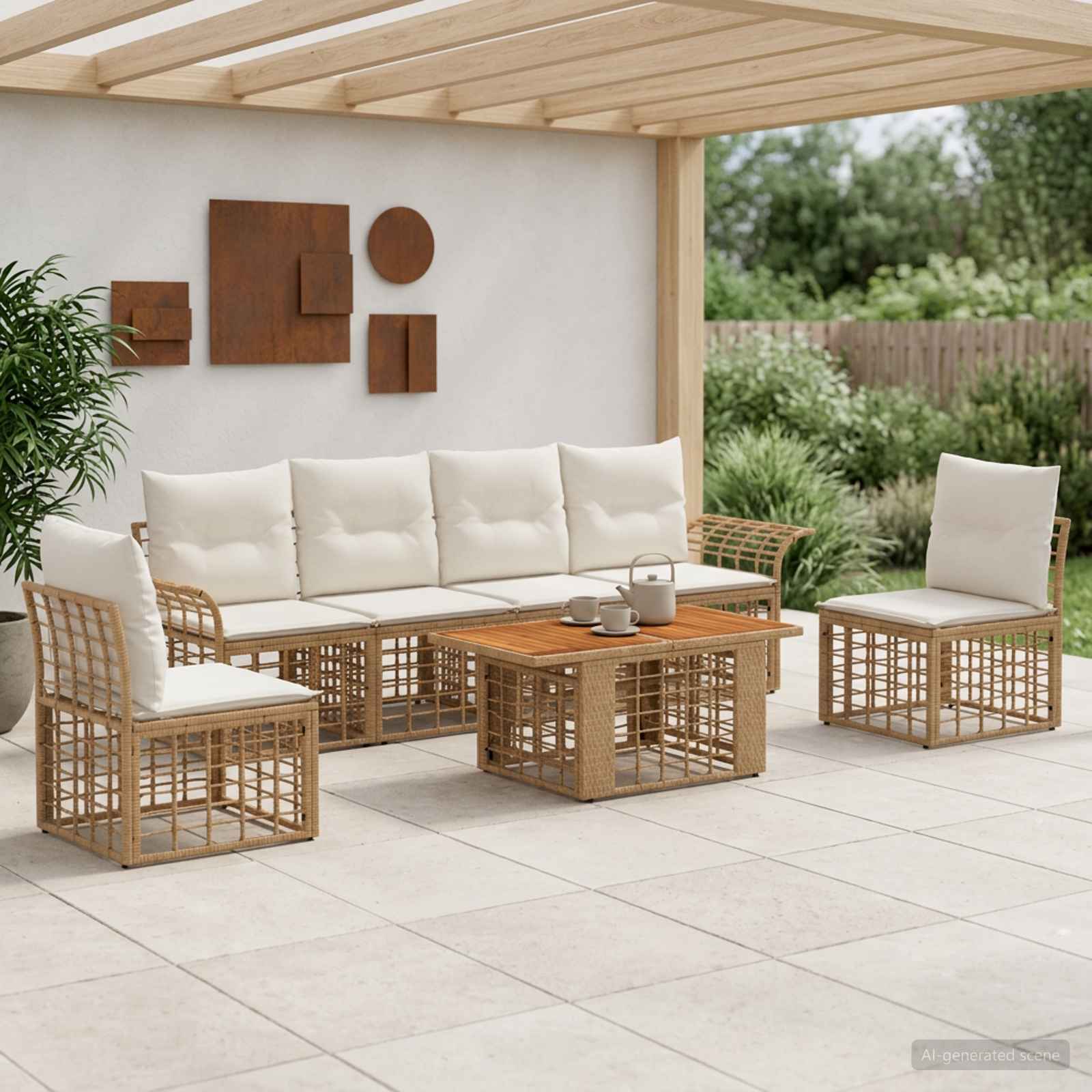 Gartensofa-set 7 stk. Natürlich und Cremweiß Poly-Rattan