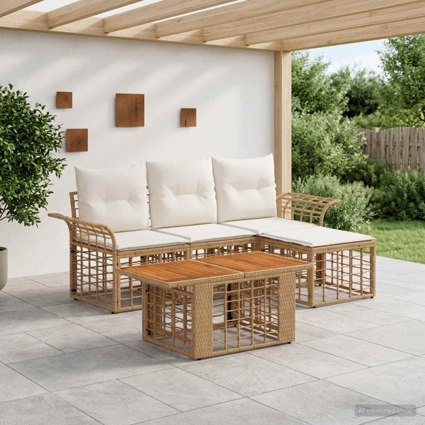 Gartensofa-set 5 stk. Natürlich und Cremweiß Poly-Rattan