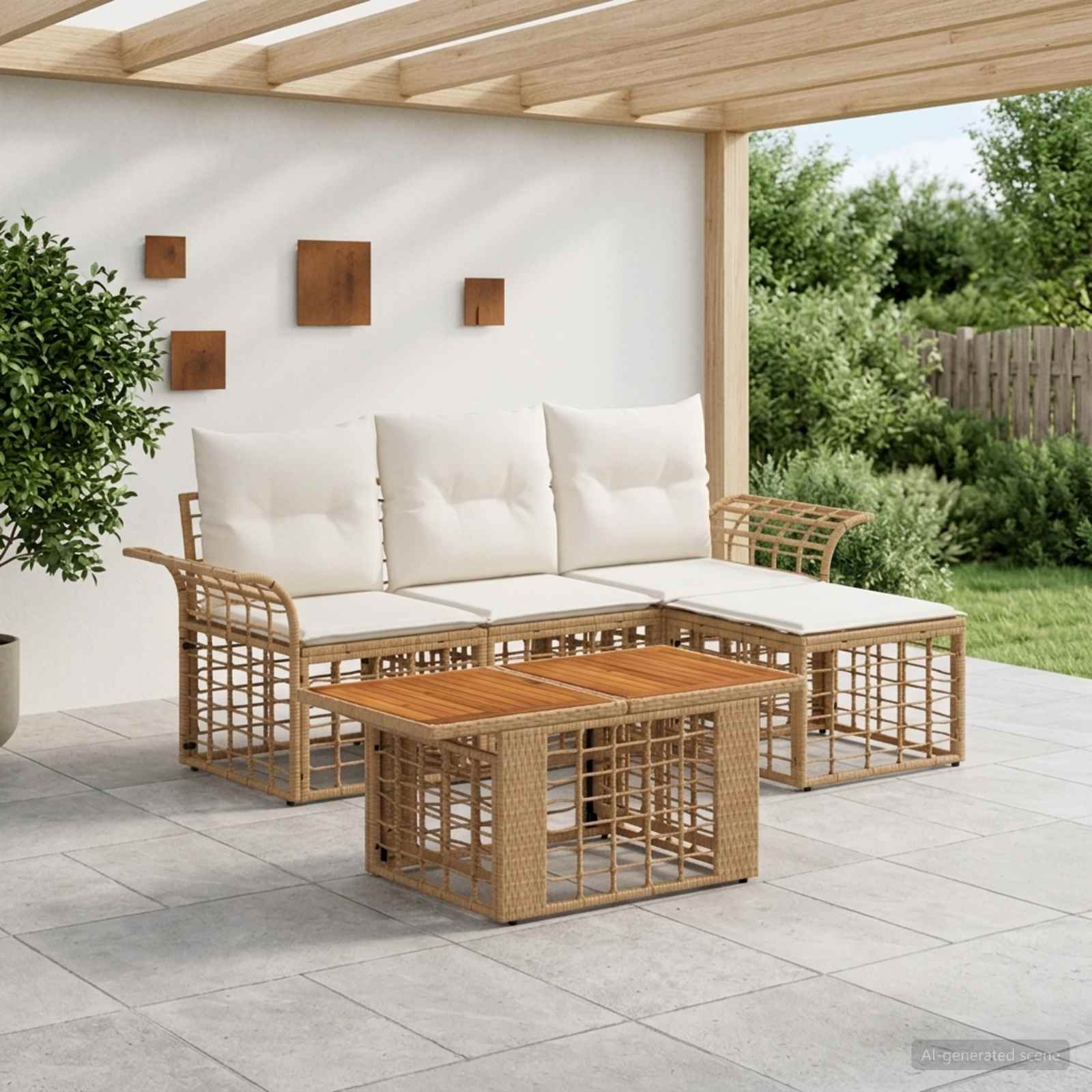 Gartensofa-set 5 stk. Natürlich und Cremweiß Poly-Rattan