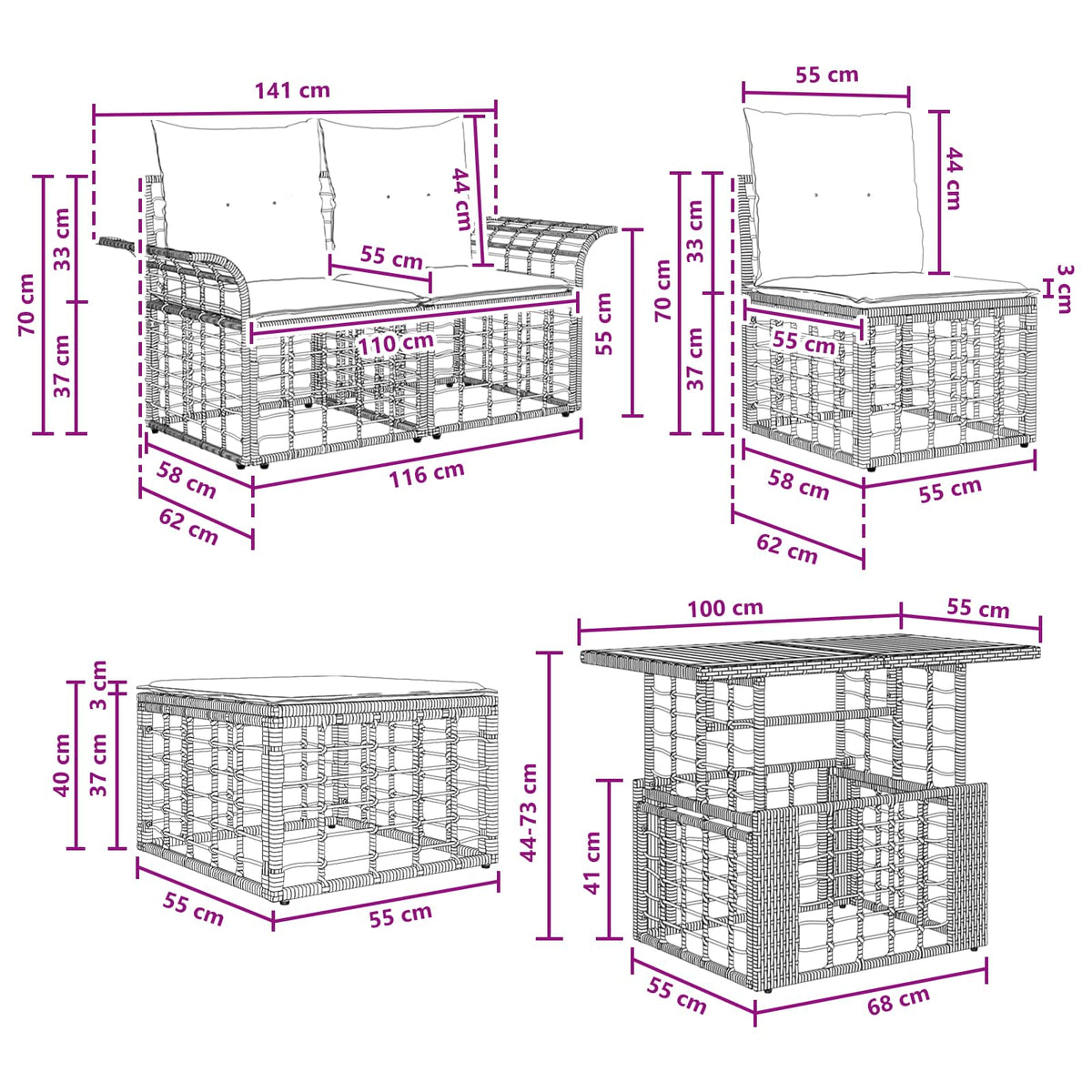 Gartensofa-set 6 stk. Schwarz und Dunkelgrau Poly-Rattan