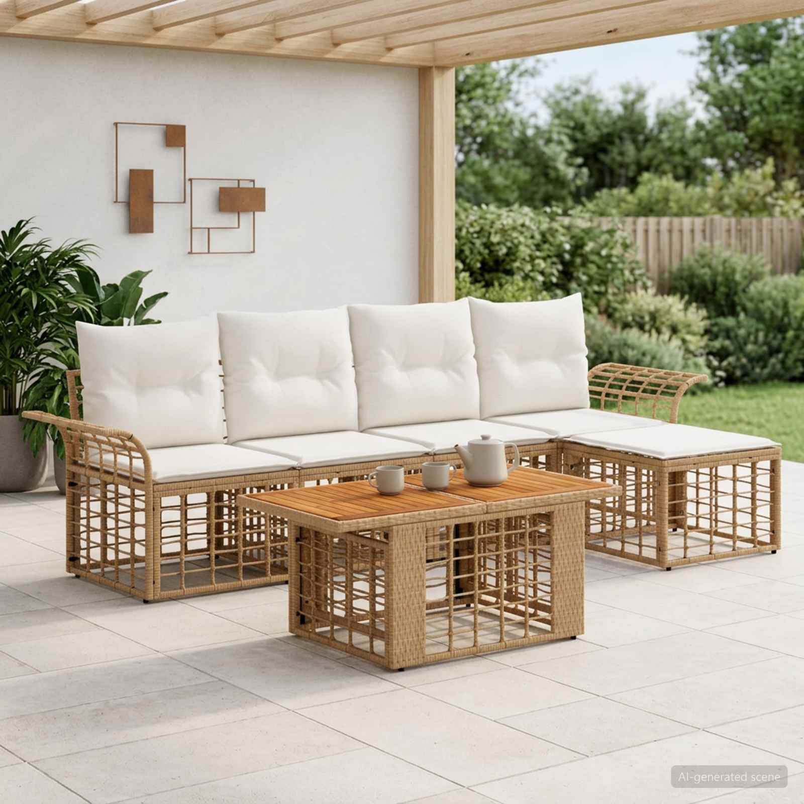 Gartensofa-set 6 stk. Natürlich und Cremweiß Poly-Rattan