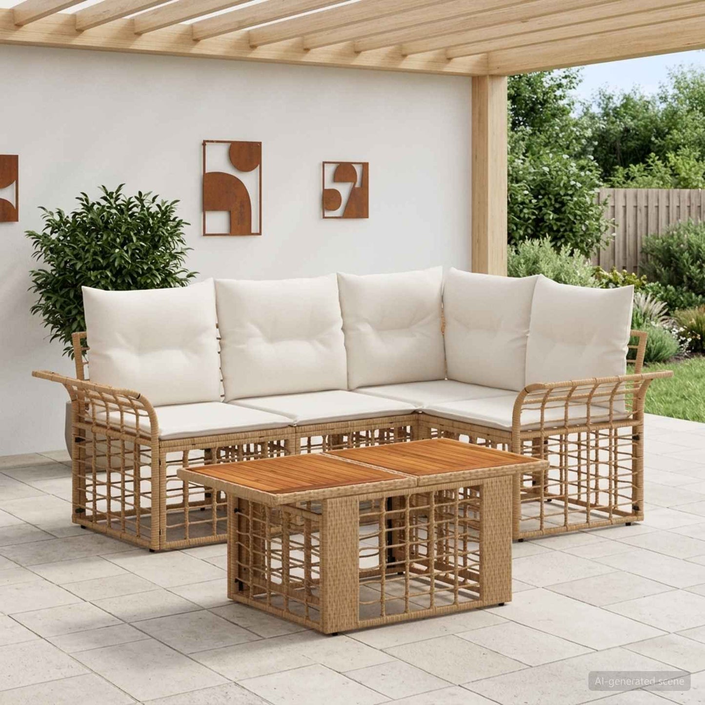 Gartensofa-set 5 stk. Natürlich und Cremweiß Poly-Rattan