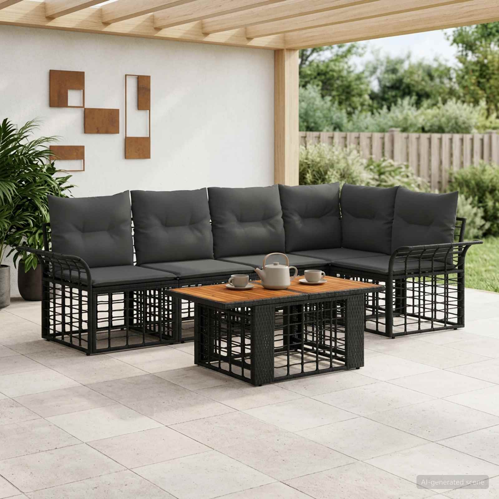 Gartensofa-set 6 stk. Schwarz und Dunkelgrau Poly-Rattan