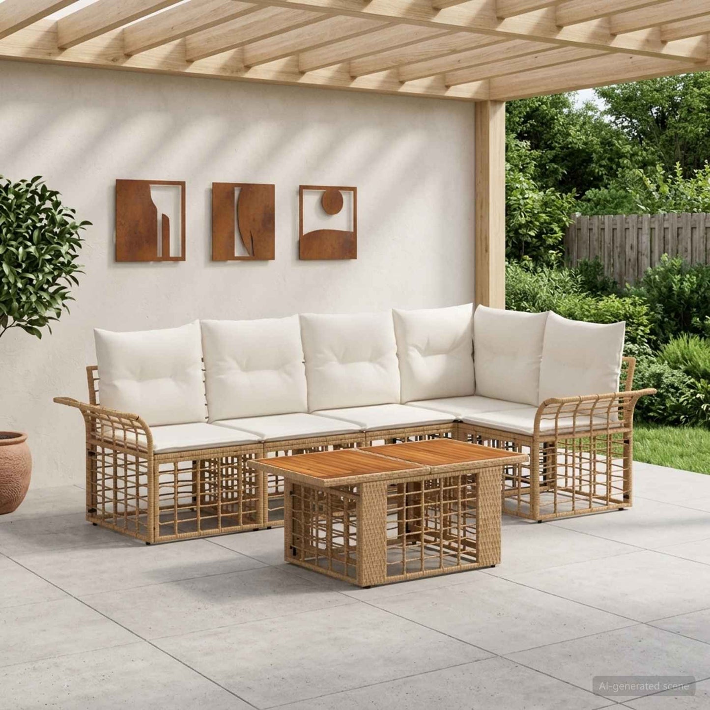 Gartensofa-set 6 stk. Natürlich und Cremweiß Poly-Rattan