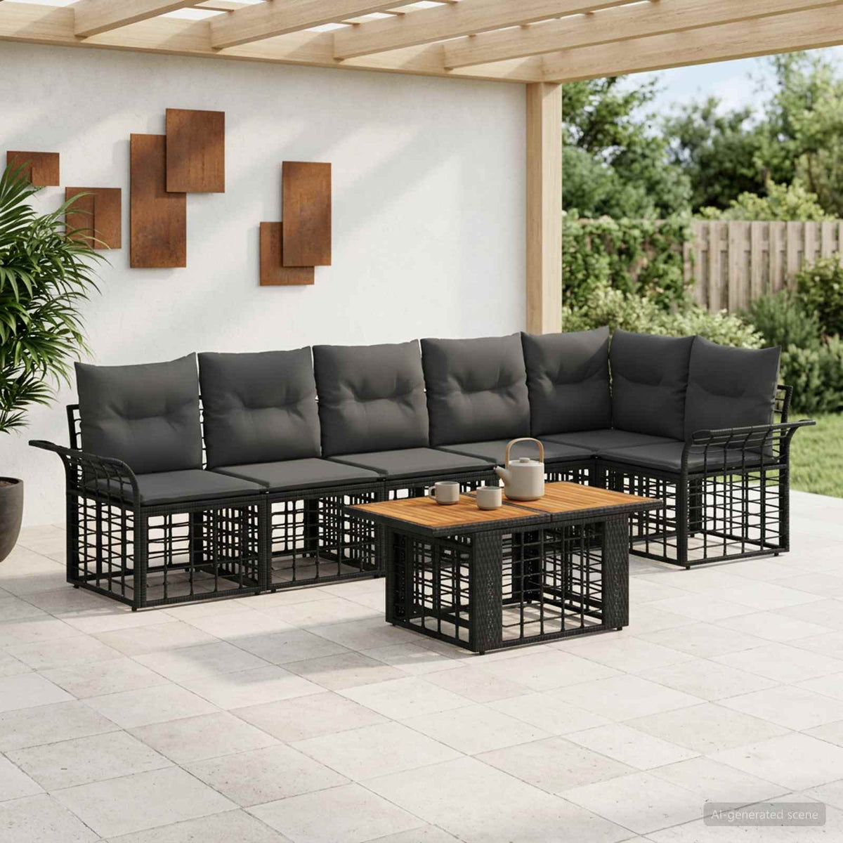 Gartensofa-set 7 stk. Schwarz und Dunkelgrau Poly-Rattan