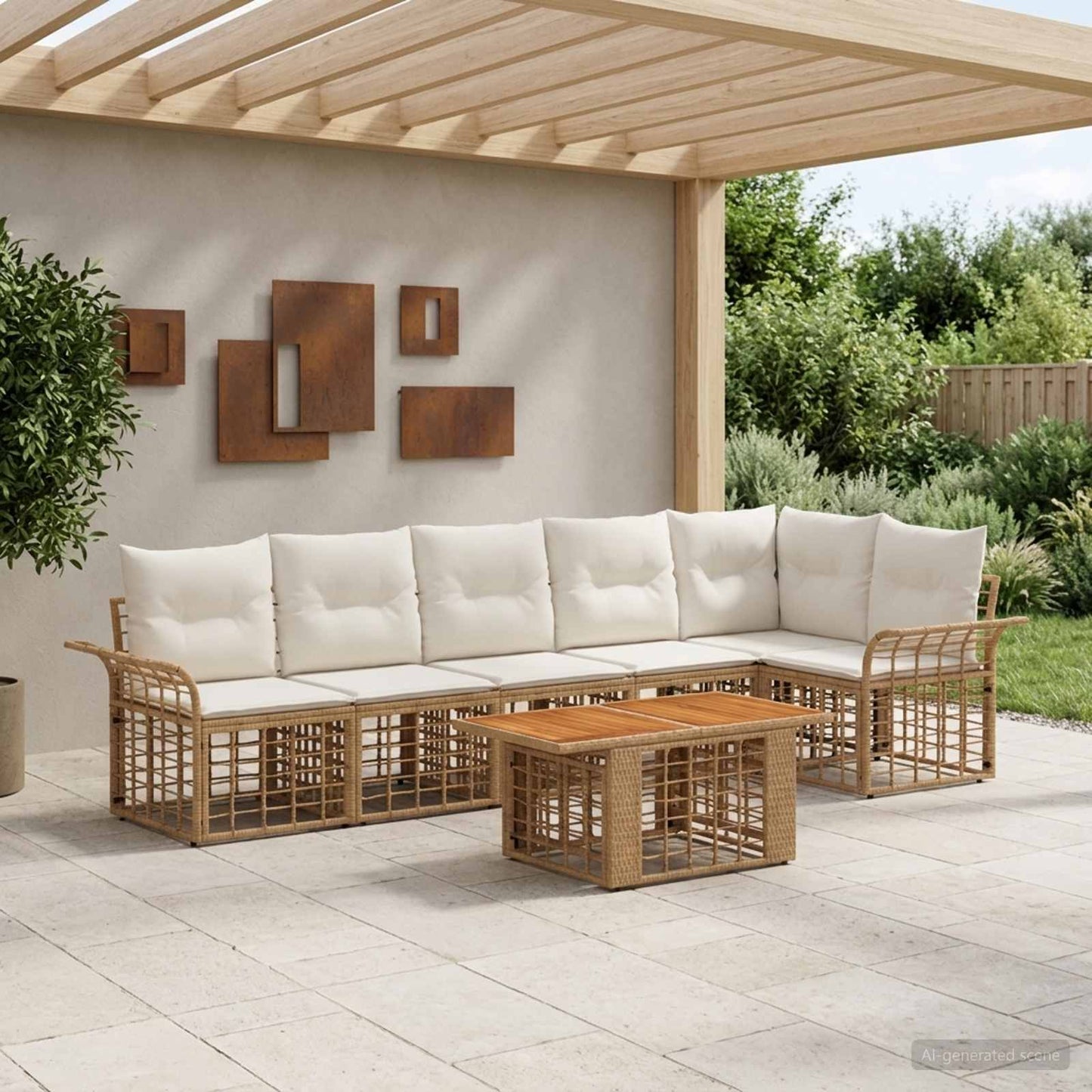 Gartensofa-set 7 stk. Natürlich und Cremweiß Poly-Rattan