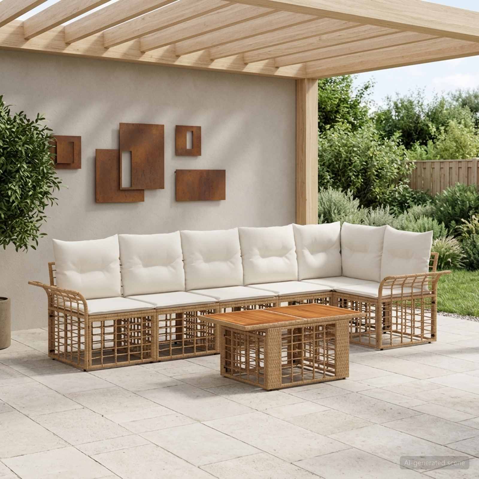 Gartensofa-set 7 stk. Natürlich und Cremweiß Poly-Rattan