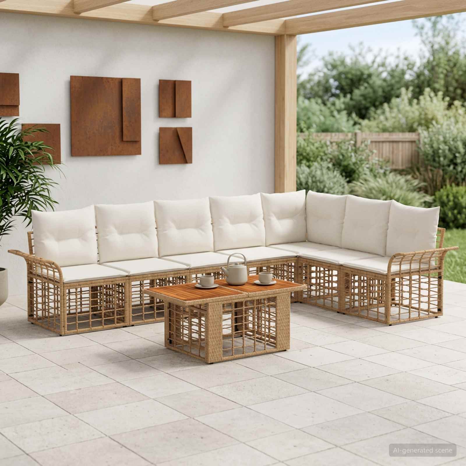 Gartensofa-set 8 stk. Natürlich und Cremweiß Poly-Rattan