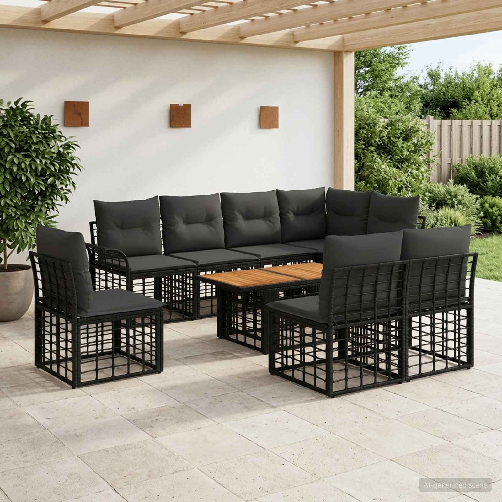 Gartensofa-set 9 stk. Schwarz und Dunkelgrau Poly-Rattan