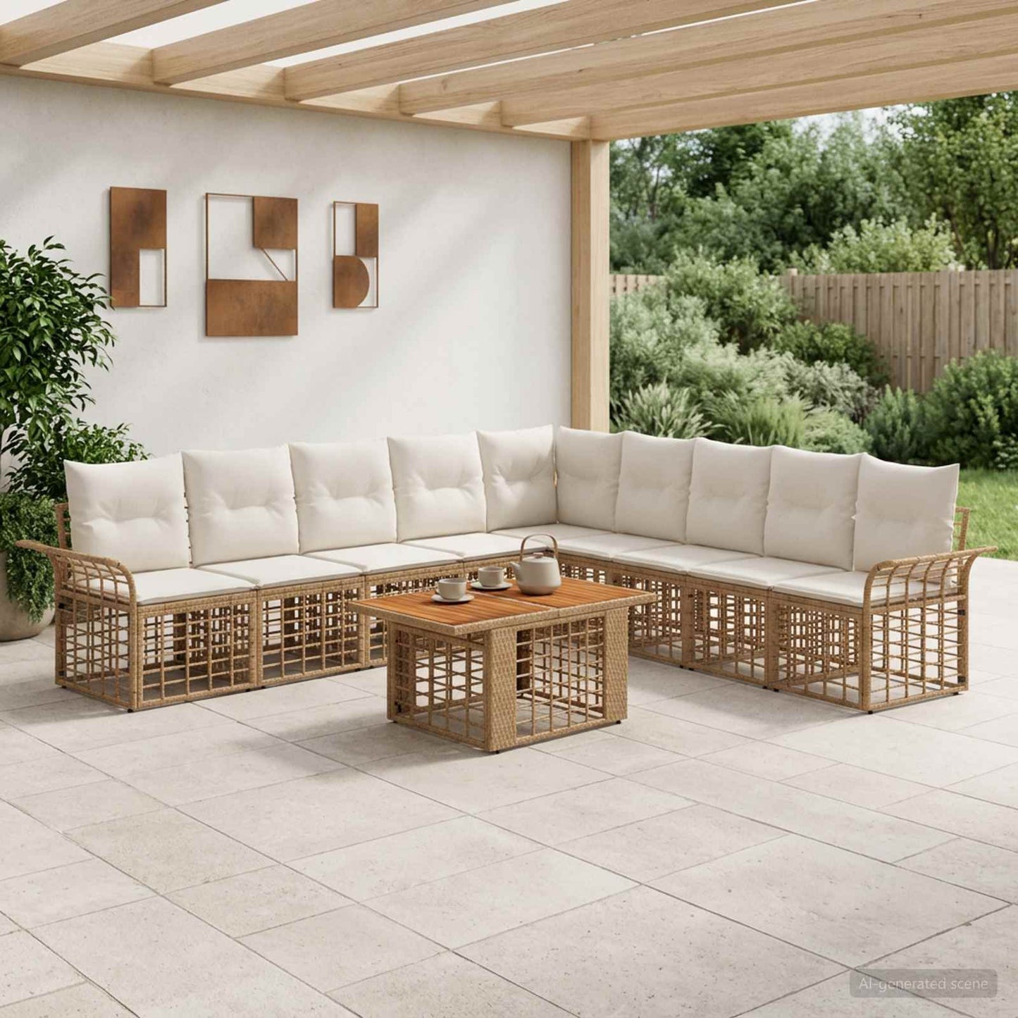 Gartensofa-set 10 stk. Natürlich und Cremweiß Poly-Rattan