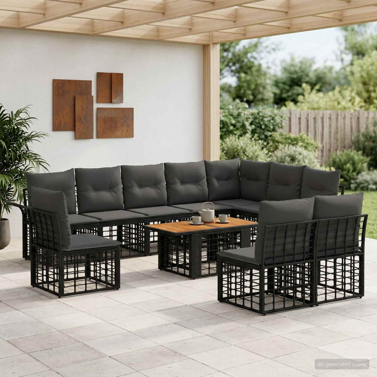 Gartensofa-set 11 stk. Schwarz und Dunkelgrau Poly-Rattan