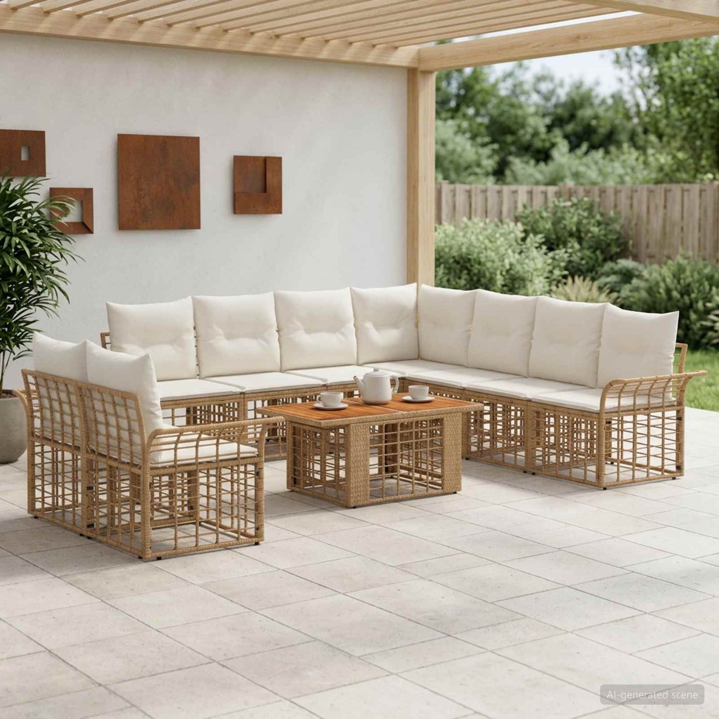 Gartensofa-set 10 stk. Natürlich und Cremweiß Poly-Rattan