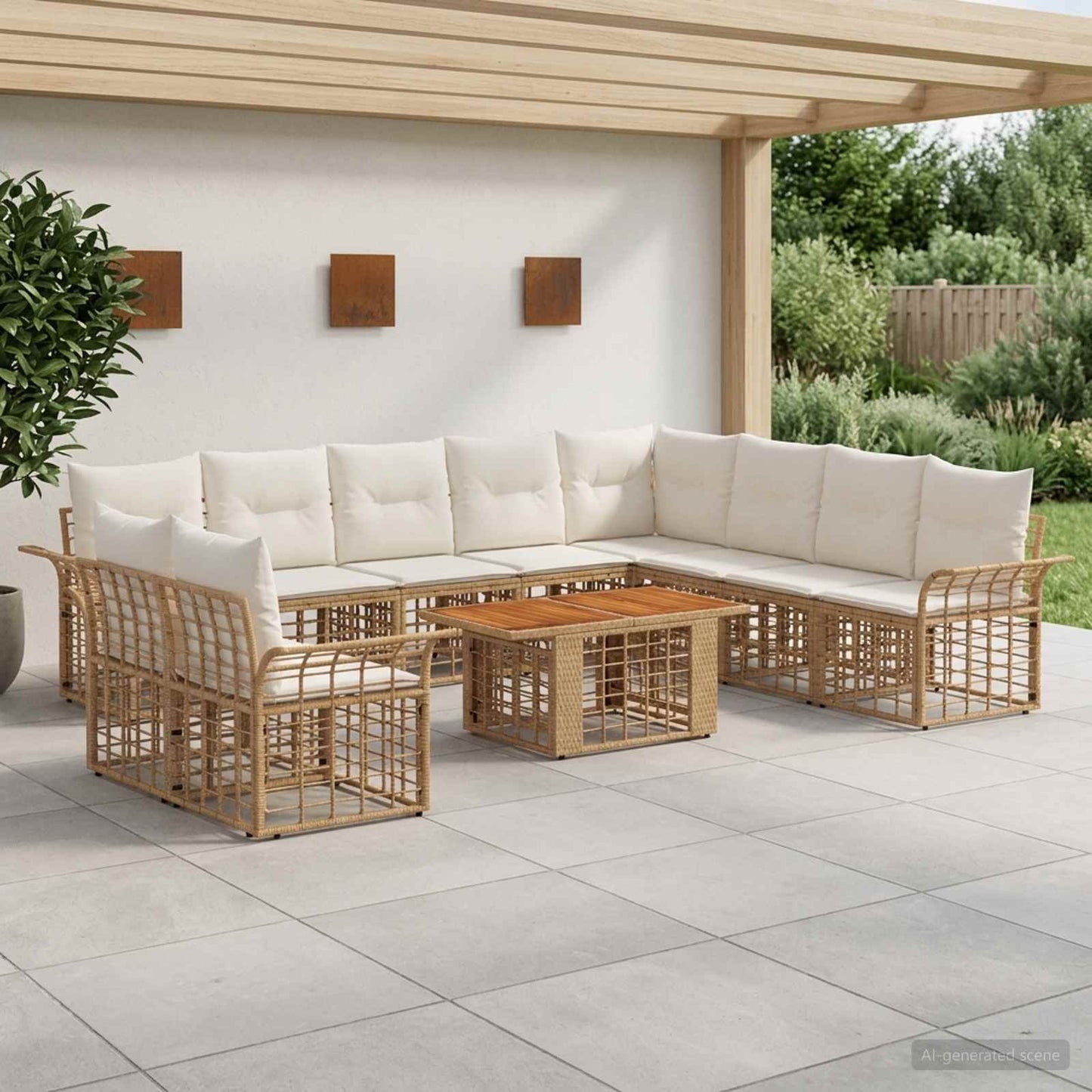 Gartensofa-set 11 stk. Natürlich und Cremweiß Poly-Rattan