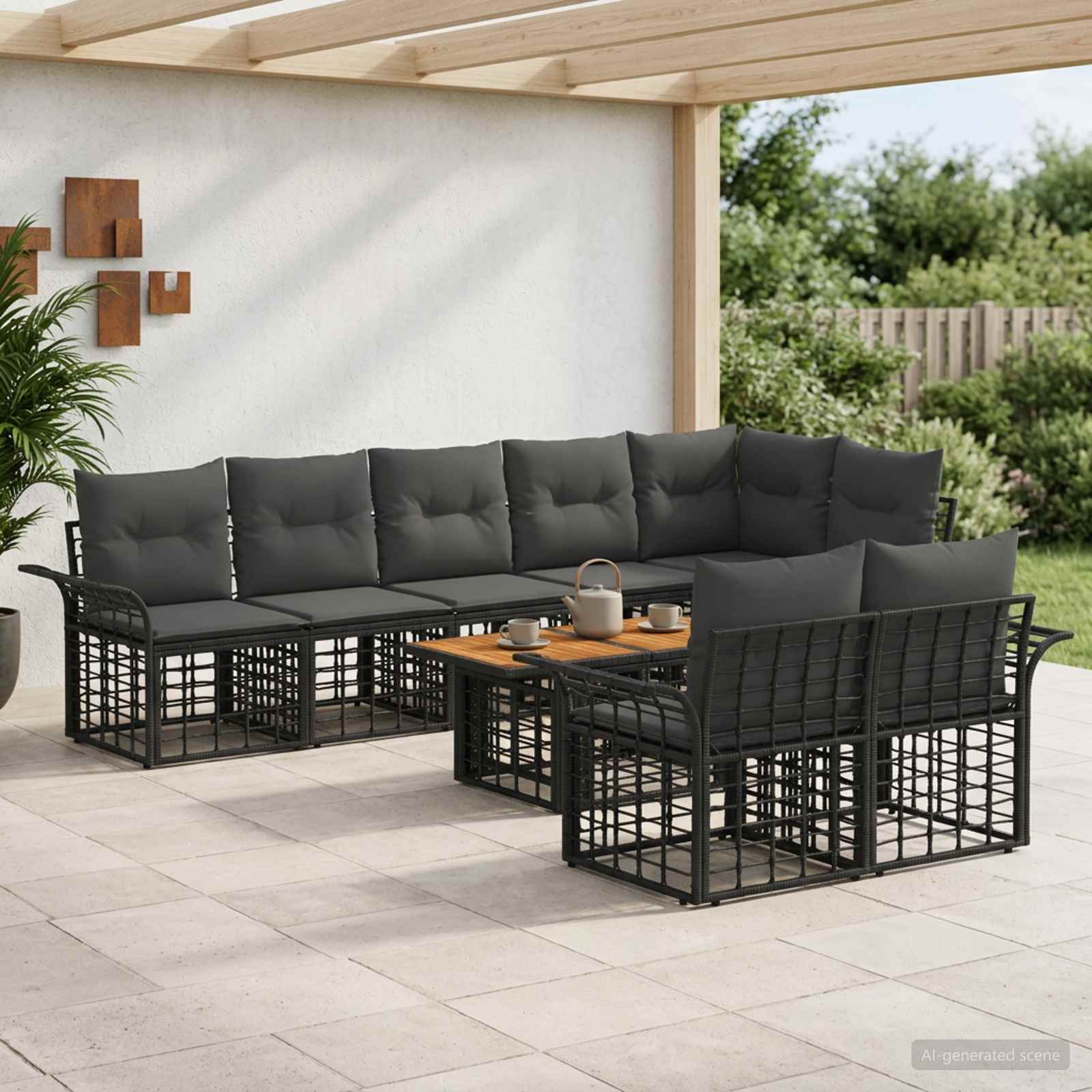 Gartensofa-set 9 stk. Schwarz und Dunkelgrau Poly-Rattan