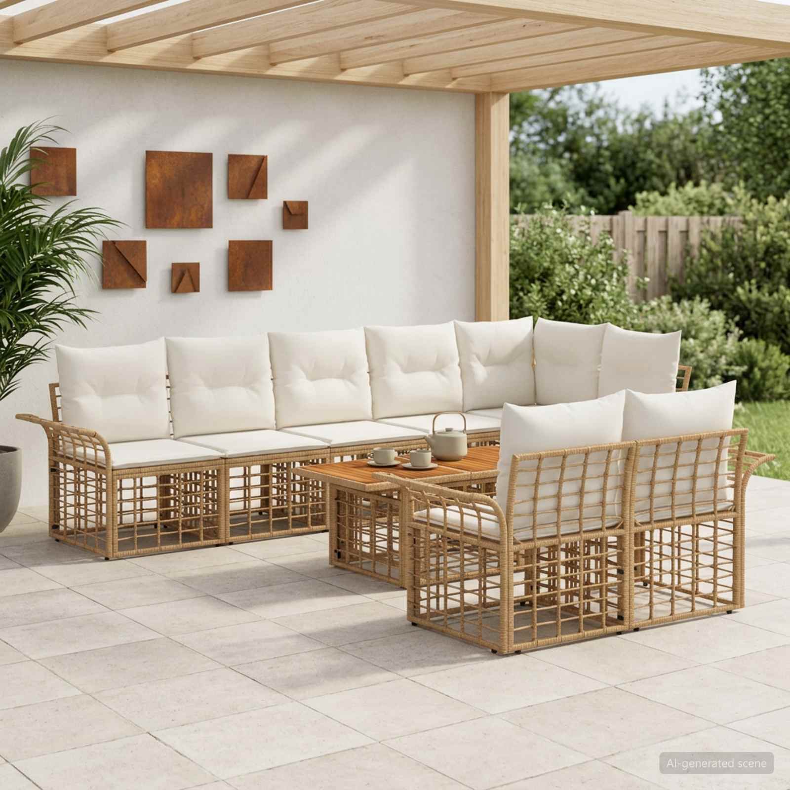 Gartensofa-set 9 stk. Natürlich und Cremweiß Poly-Rattan