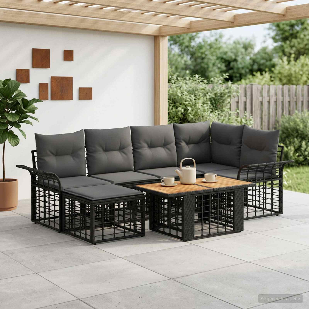 Gartensofa-set 7 stk. Schwarz und Dunkelgrau Poly-Rattan