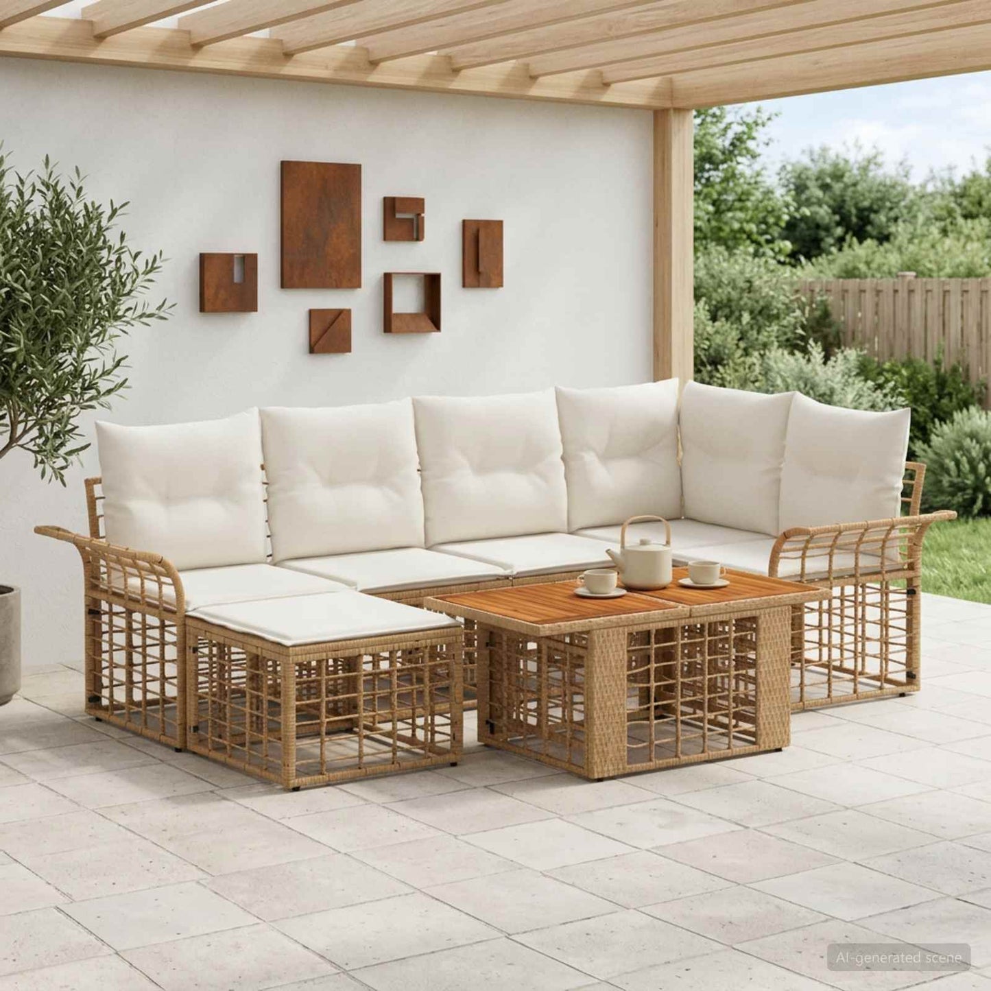 Gartensofa-set 7 stk. Natürlich und Cremweiß Poly-Rattan