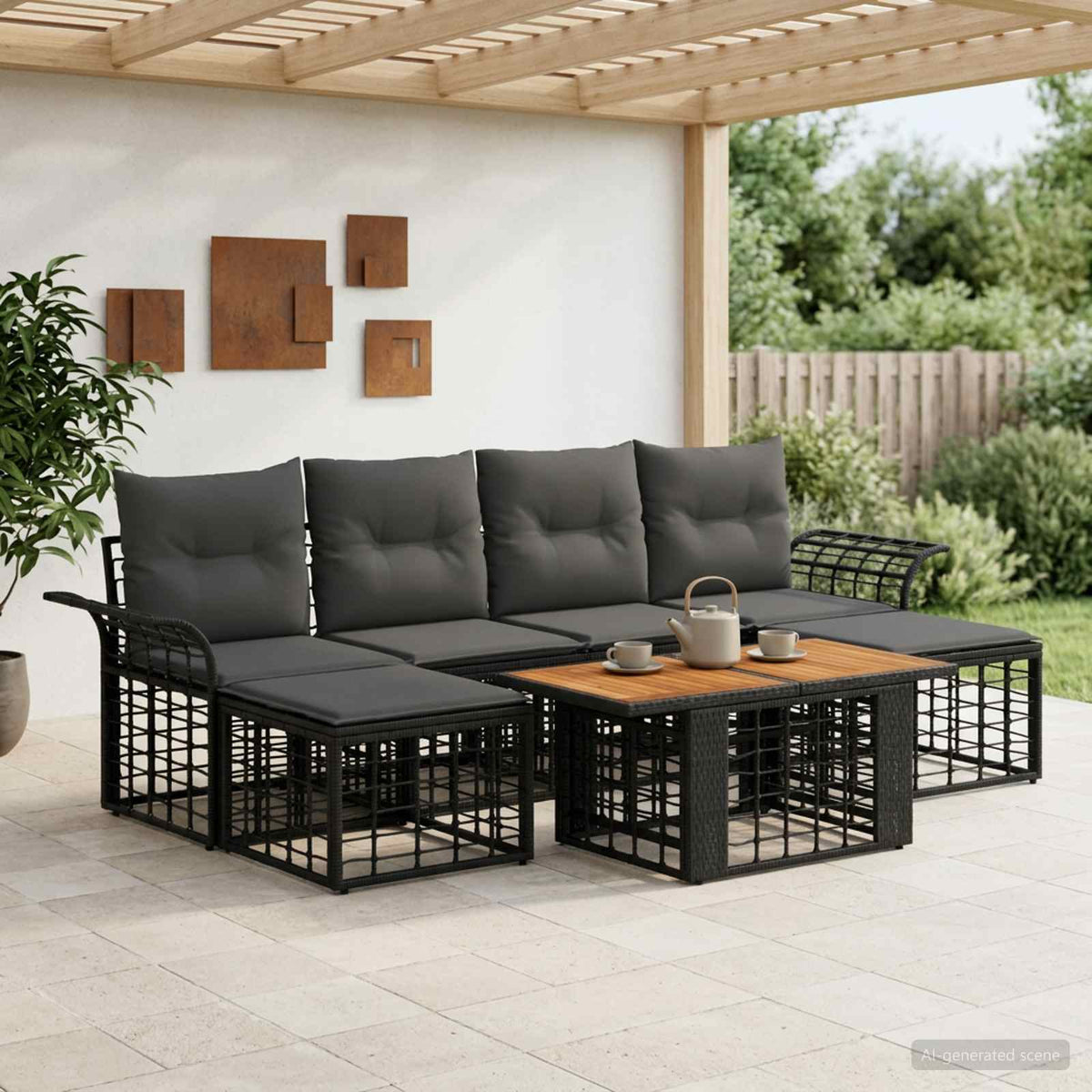 Gartensofa-set 7 stk. Schwarz und Dunkelgrau Poly-Rattan