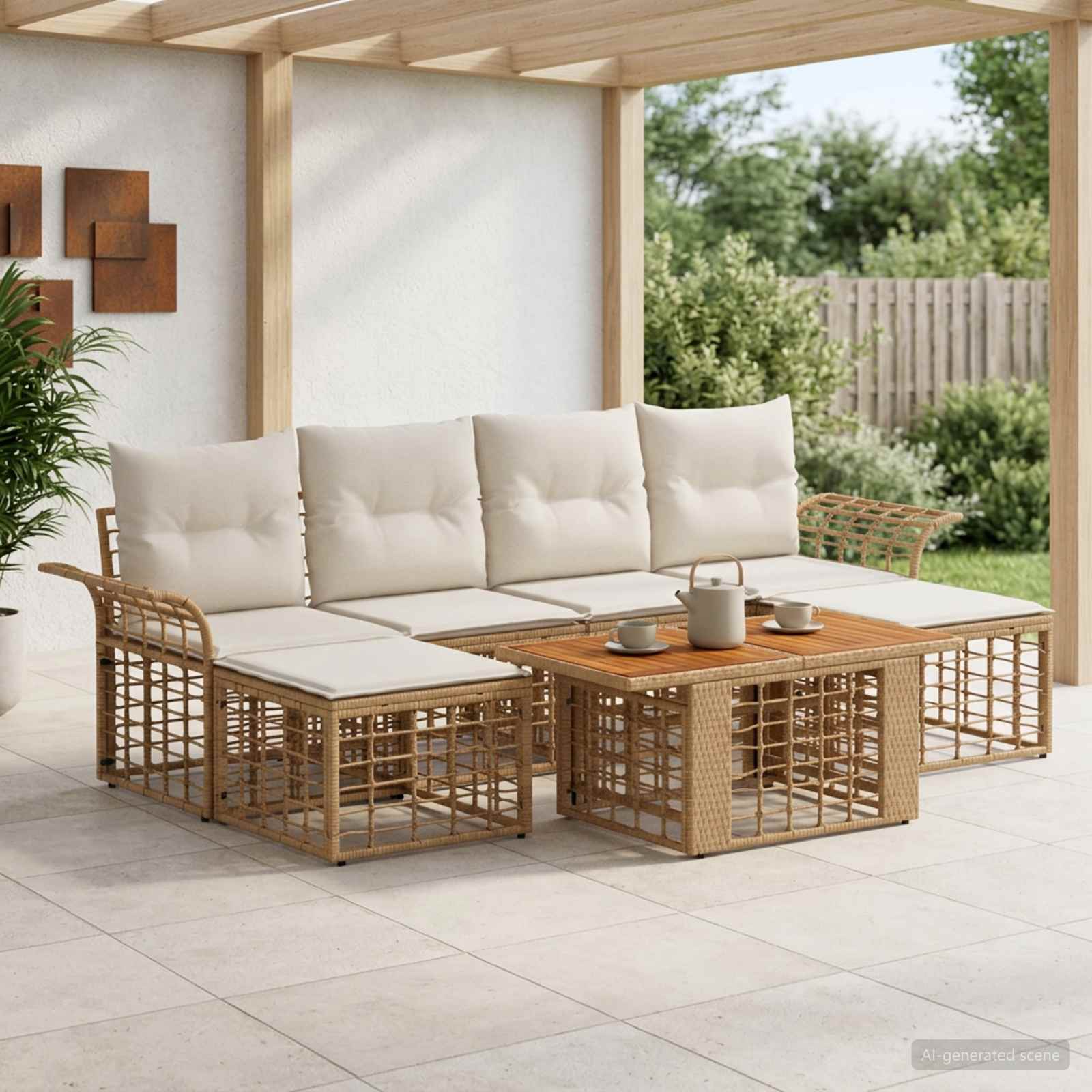 Gartensofa-set 7 stk. Natürlich und Cremweiß Poly-Rattan