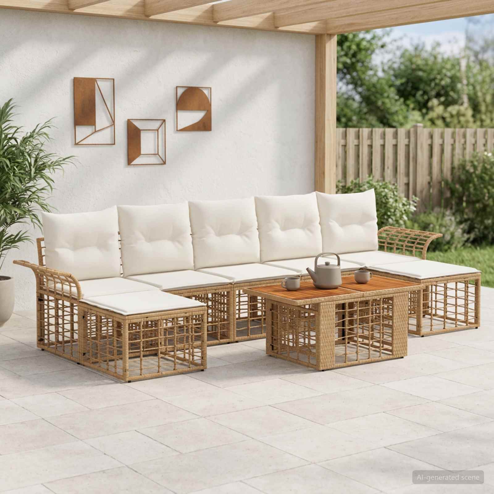 Gartensofa-set 8 stk. Natürlich und Cremweiß Poly-Rattan