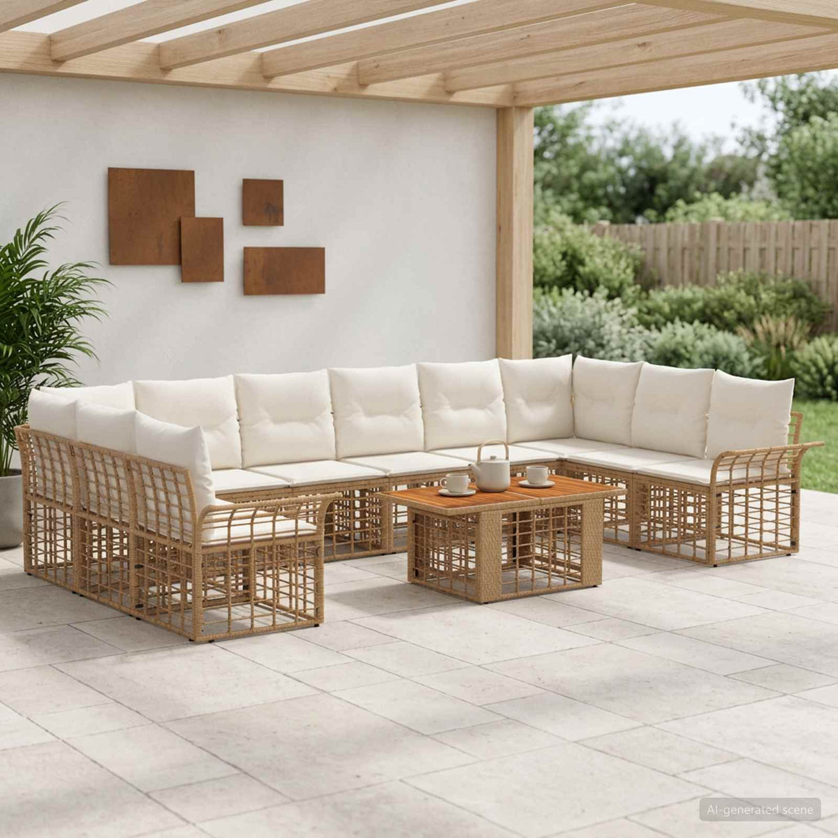 Gartensofa-set 11 stk. Natürlich und Cremweiß Poly-Rattan