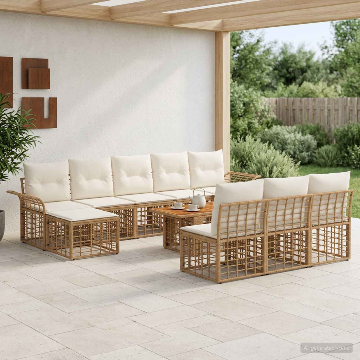 Gartensofa-set 11 stk. Natürlich und Cremweiß Poly-Rattan
