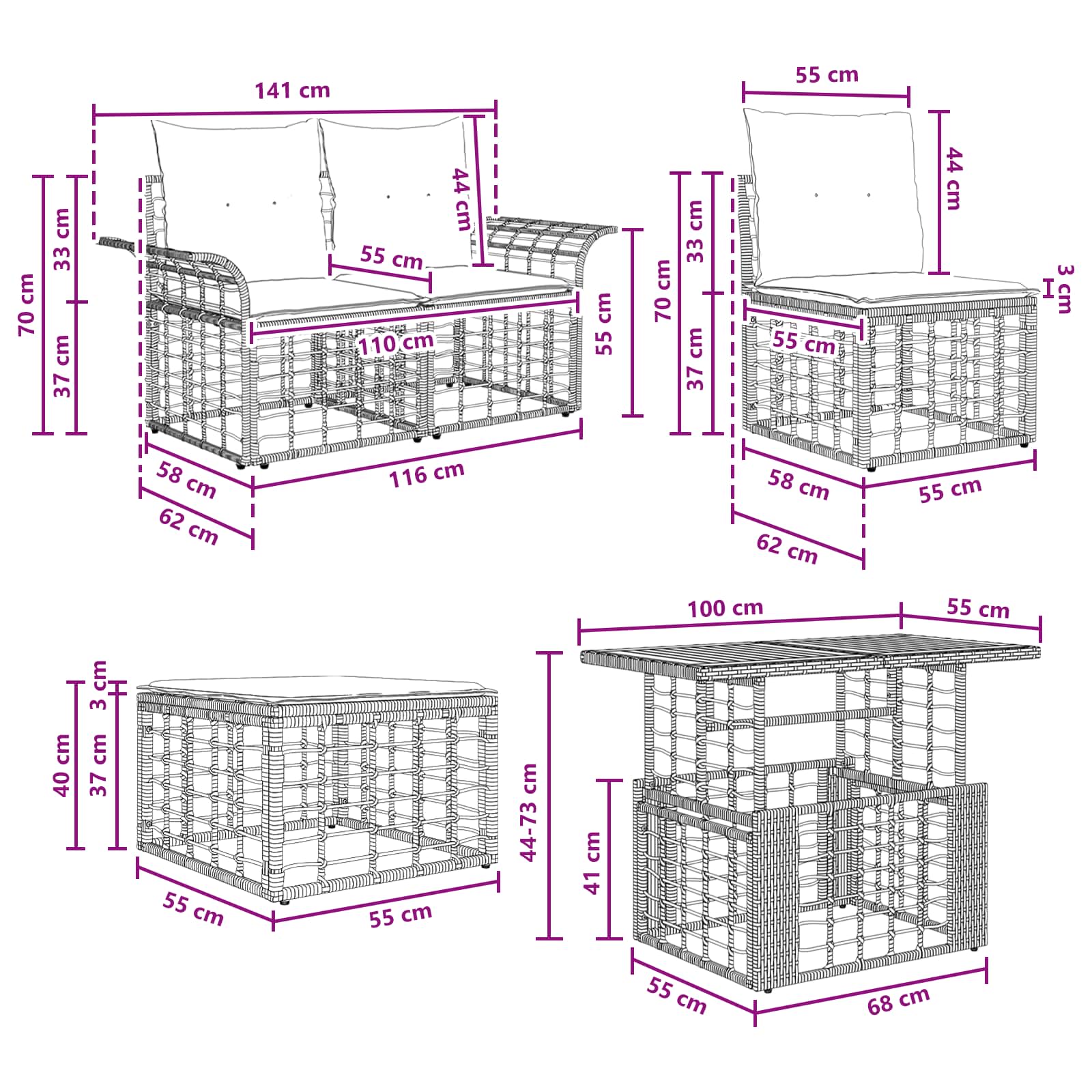 Gartensofa-set 10 stk. Schwarz und Dunkelgrau Poly-Rattan