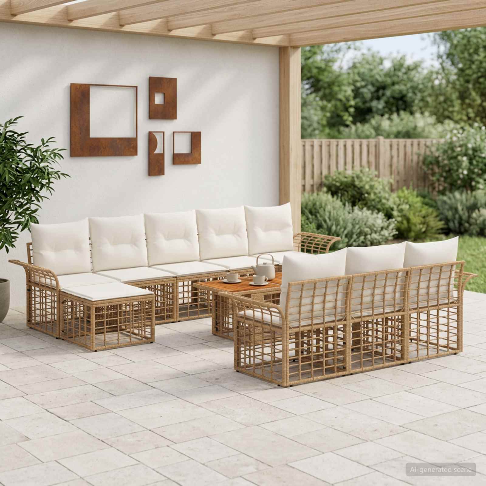 Gartensofa-set 11 stk. Natürlich und Cremweiß Poly-Rattan