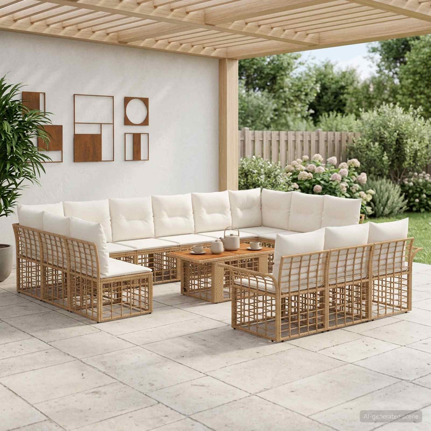 Gartensofa-set 14 stk. Natürlich und Cremweiß Poly-Rattan