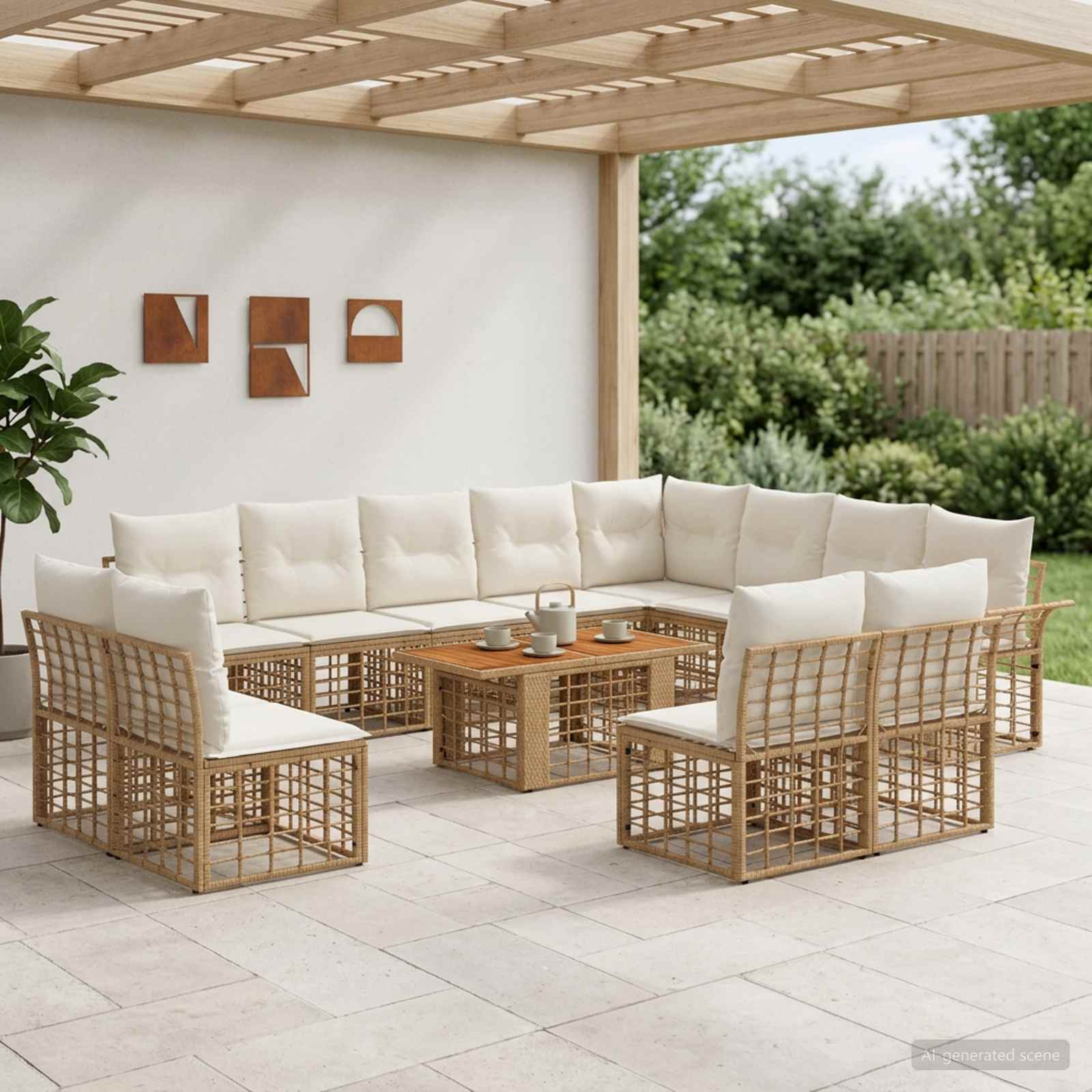 Gartensofa-set 13 stk. Natürlich und Cremweiß Poly-Rattan