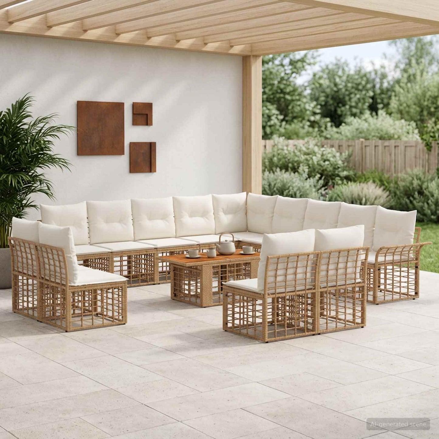Gartensofa-set 14 stk. Natürlich und Cremweiß Poly-Rattan