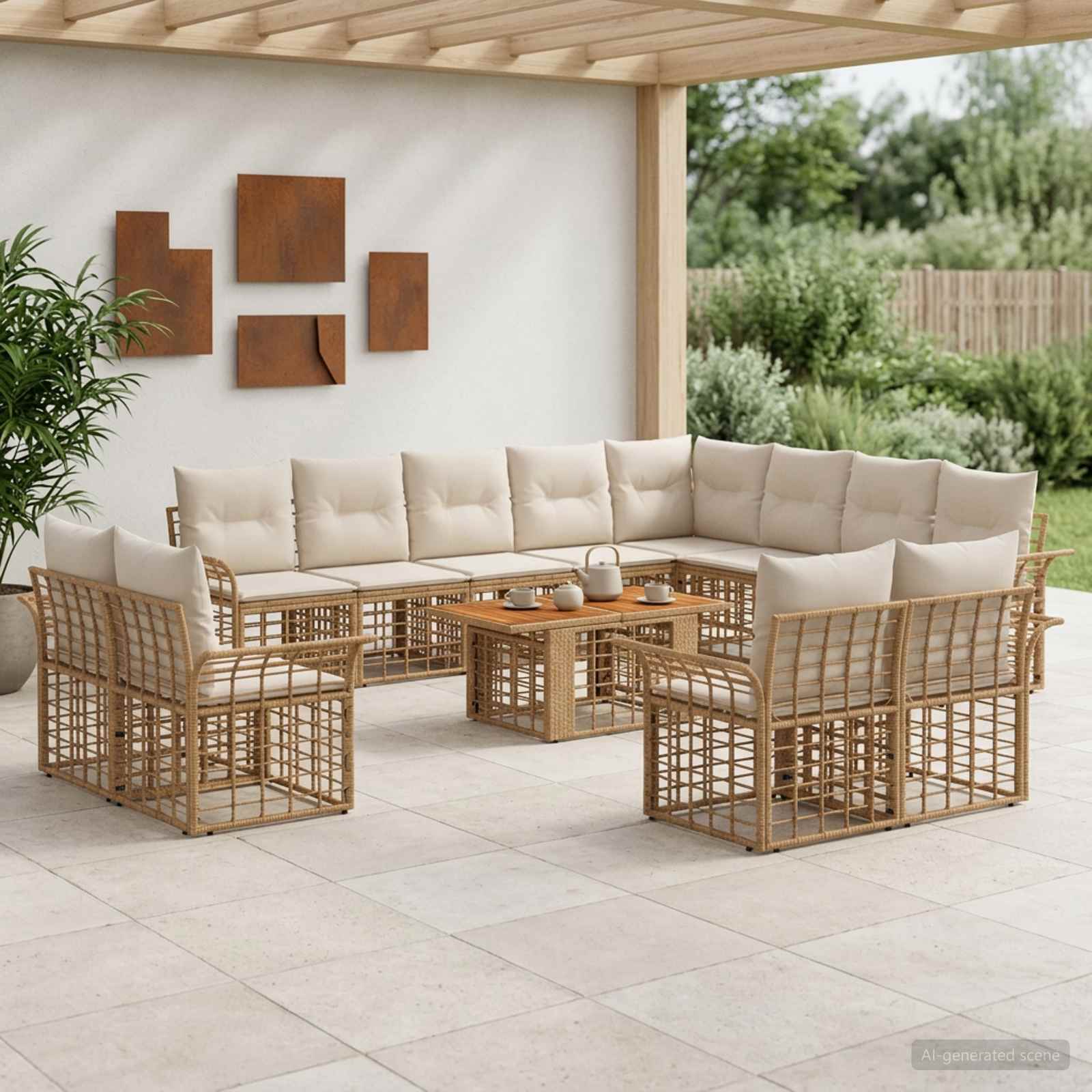 Gartensofa-set 13 stk. Natürlich und Cremweiß Poly-Rattan