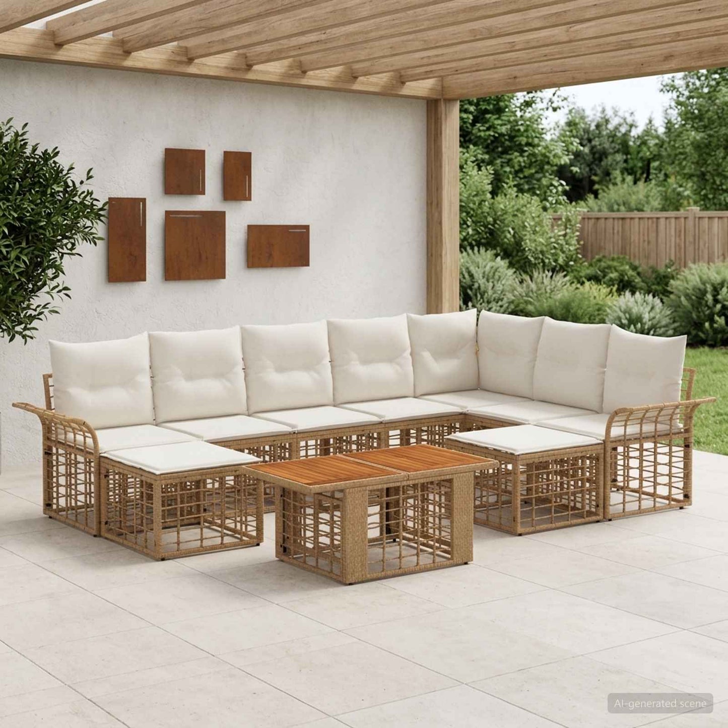 Gartensofa-set 10 stk. Natürlich und Cremweiß Poly-Rattan