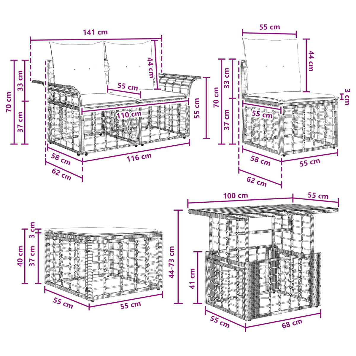 Gartensofa-set 11 stk. Schwarz und Dunkelgrau Poly-Rattan