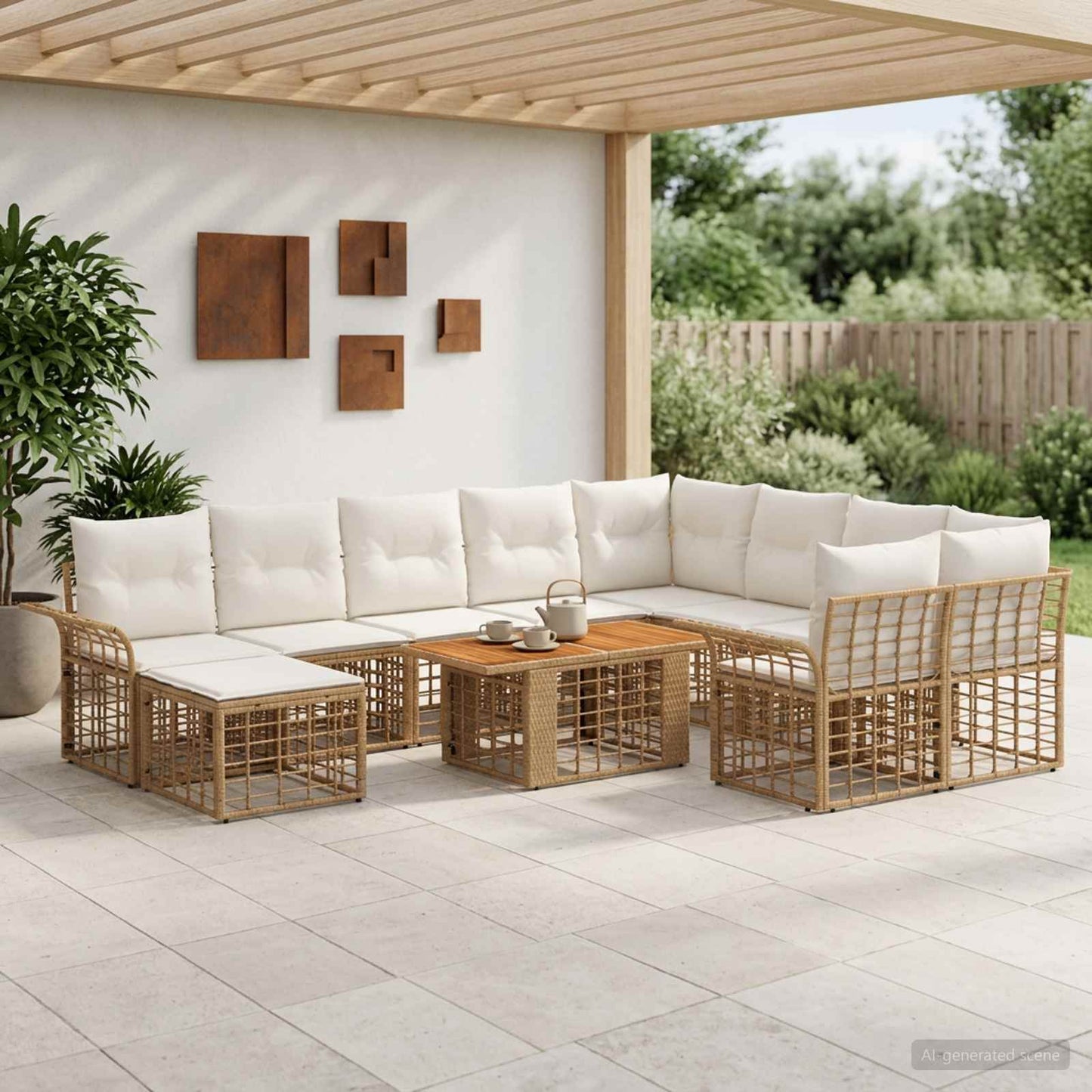 Gartensofa-set 11 stk. Natürlich und Cremweiß Poly-Rattan